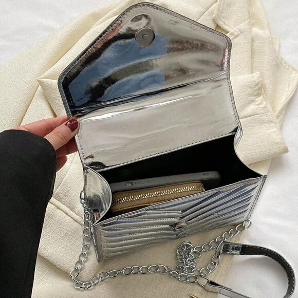 Silver Preppy Womens Mini Square Bag Chevron Detail Flap Chain Metallic - Picture 4 of 5